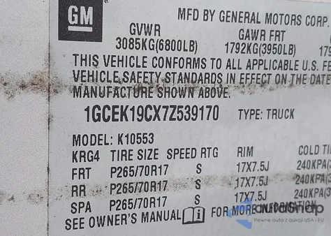 2007 Chevrolet Silverado 1500 Work Truck z USA, uszkodzony, nr VIN 1GCEK19CX7Z539170